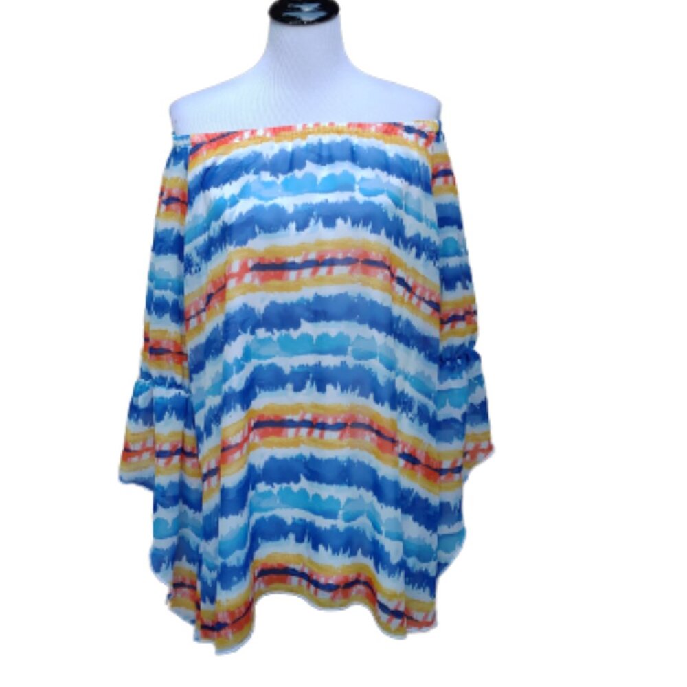 New Directions Multicolor Watercolor Abstract Blouse Flowy Sleeves Artistic